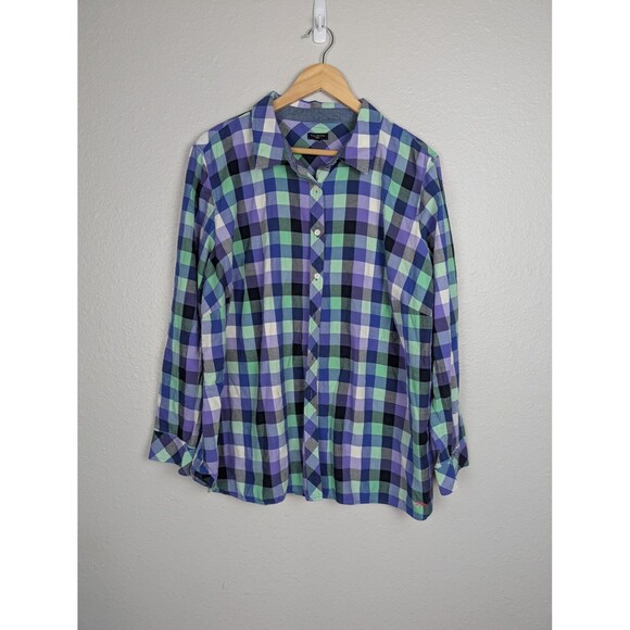 Talbots Green Purple Plaid Button Down Shirt Womens Large - Picture 1 of 7